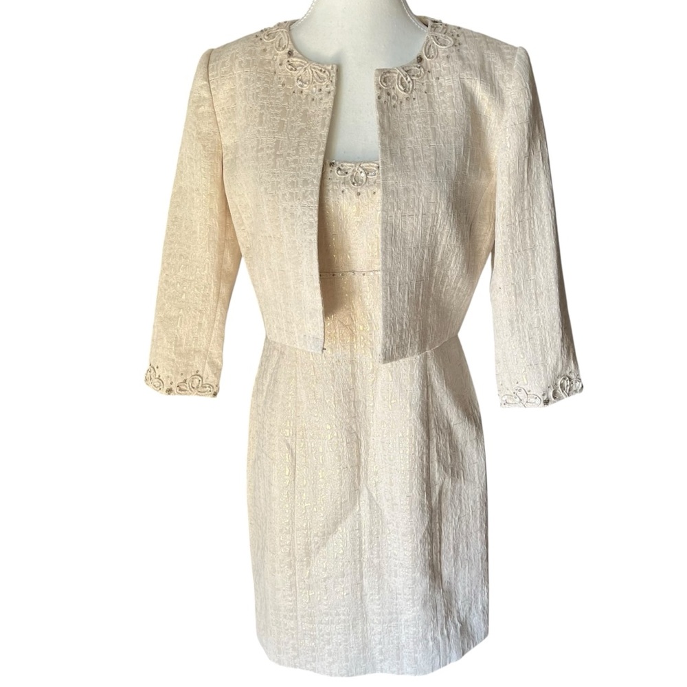 Tahari Arthur S Levine Cocktail Dress & Jacket combo‎ Size 6 Metallic Cream